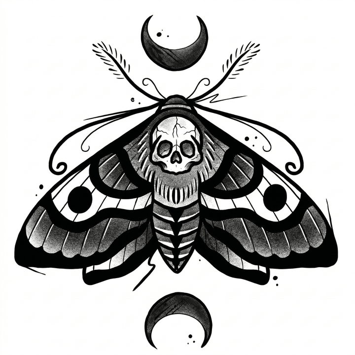 The artwork features death's-head moth with moons.
