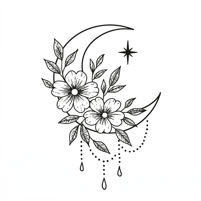 The artwork features floral crescent with hanging beads.