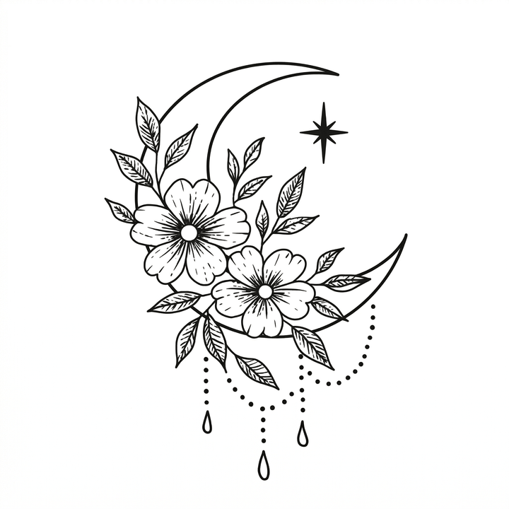 The artwork features floral crescent with hanging beads.