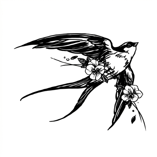 The artwork features a floral flying swallow.