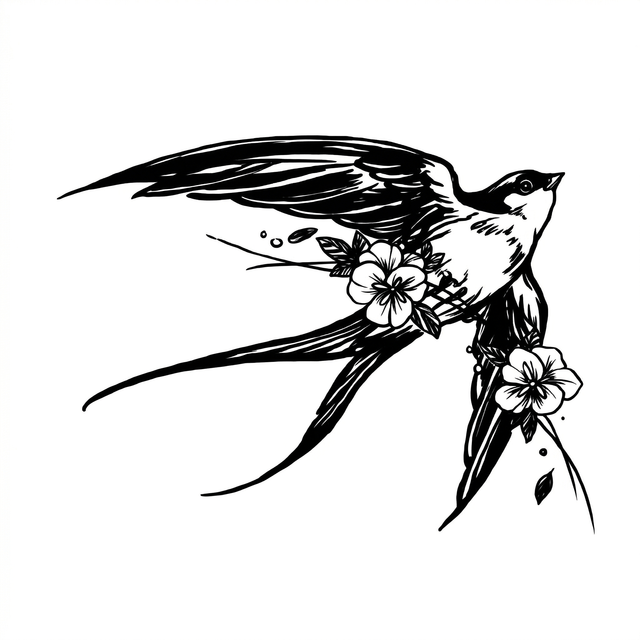 The artwork features a floral flying swallow.