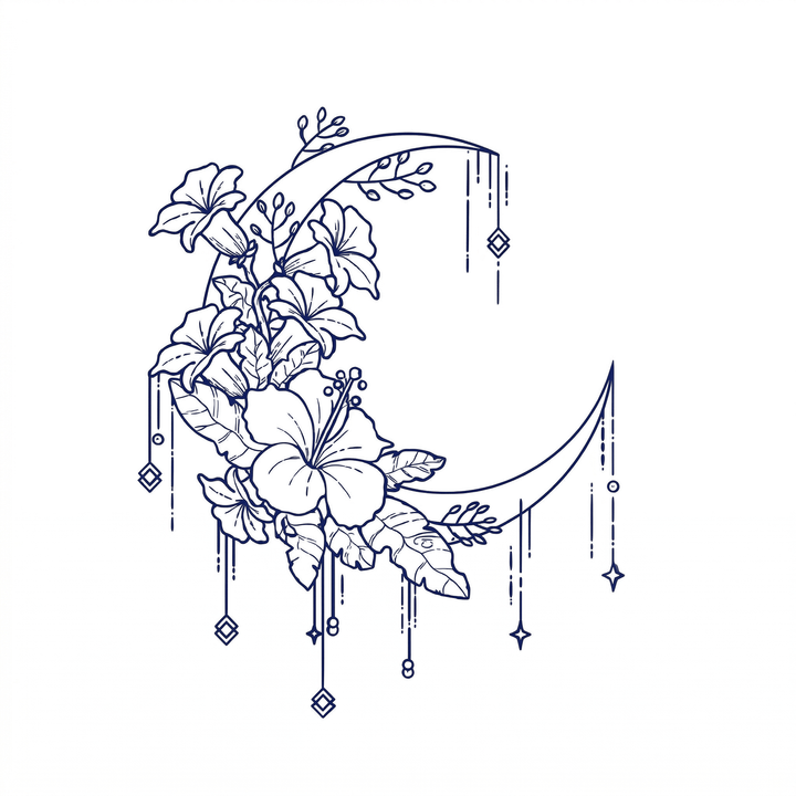 The artwork features floral crescent with hanging crystals.