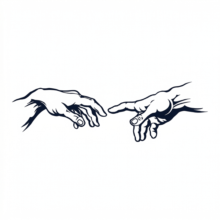 The artwork features realistic creation hands.