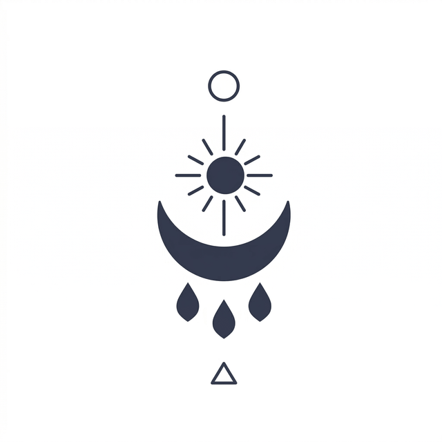 The artwork features a celestial sun moon rain symbol.