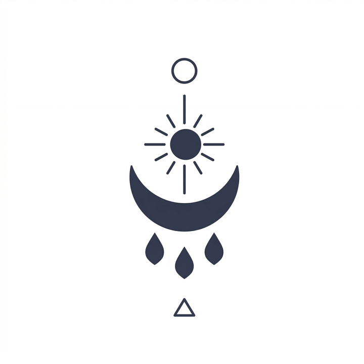 The artwork features a celestial sun moon rain symbol.