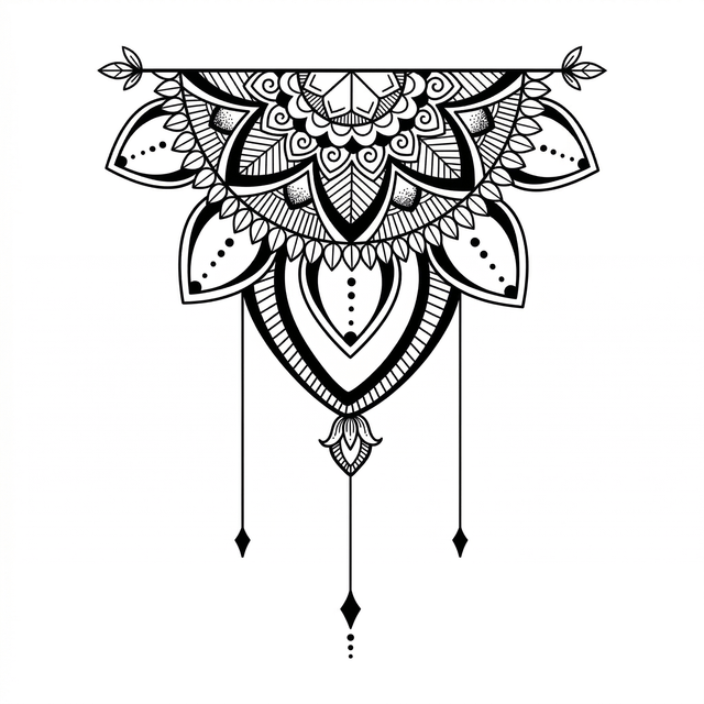 The artwork features a hanging half mandala.