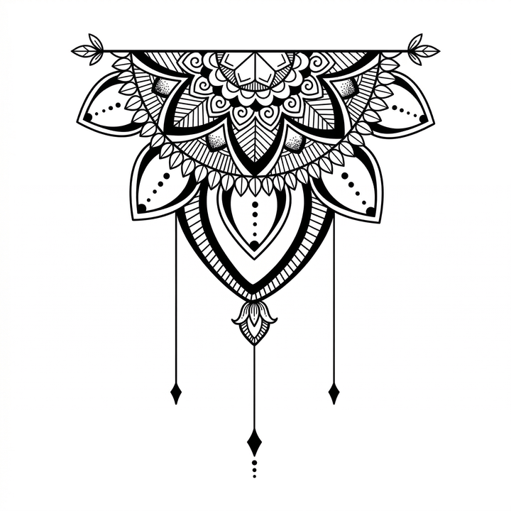 The artwork features a hanging half mandala.