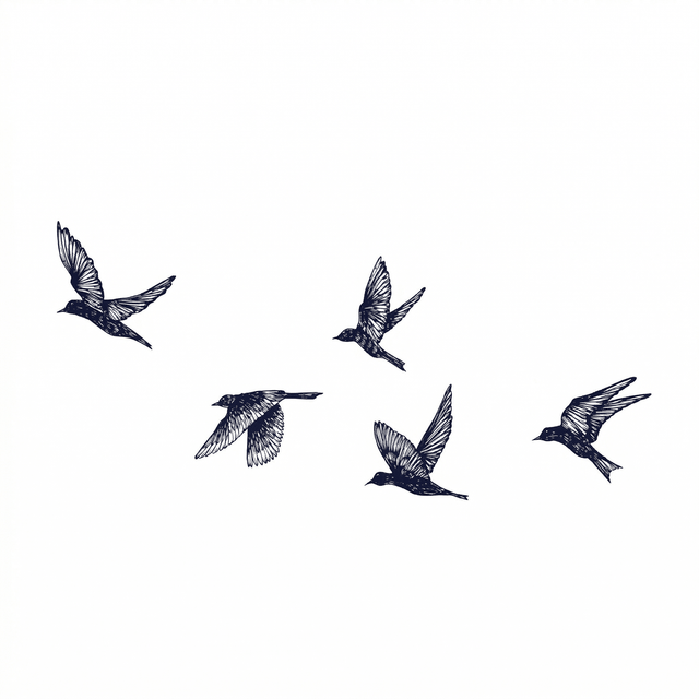 The artwork features five flying birds.
