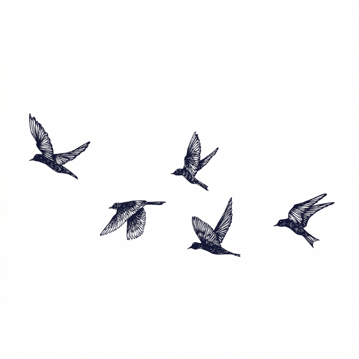 The artwork features five flying birds.