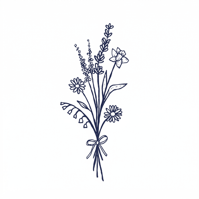 The artwork features a tied wildflower bouquet.