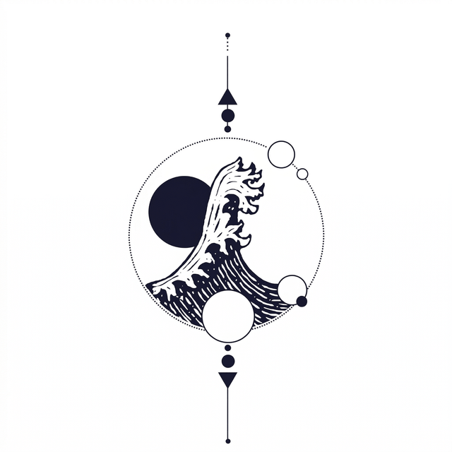 The artwork features great wave with celestial orbits.