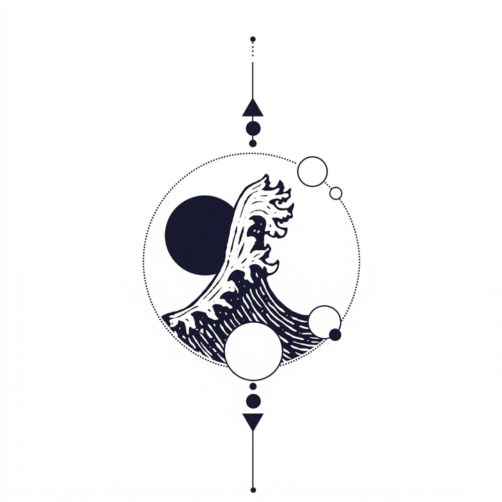 The artwork features great wave with celestial orbits.