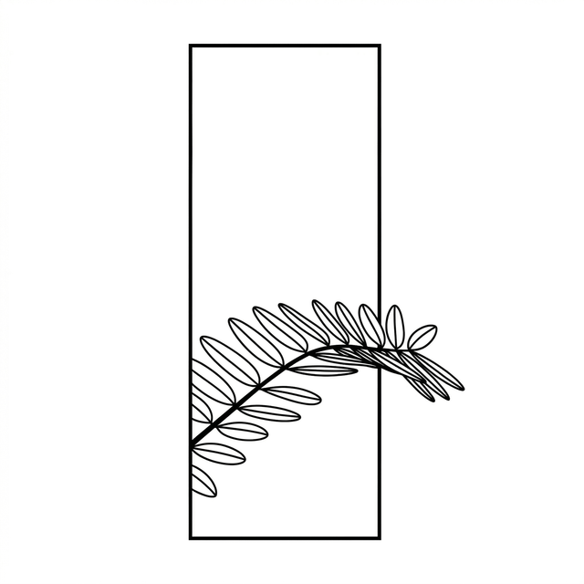 The artwork features a botanical branch through rectangle.
