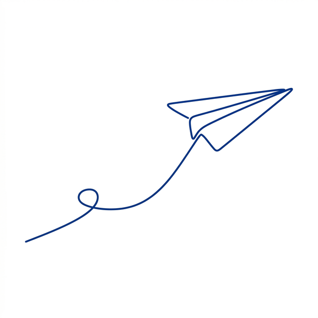 The artwork features a paper airplane with looping trail.