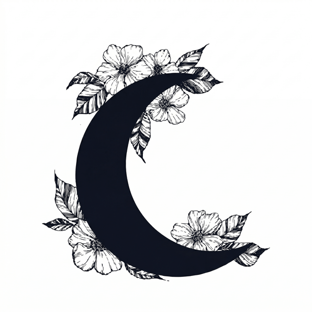 The artwork features a dark floral crescent.
