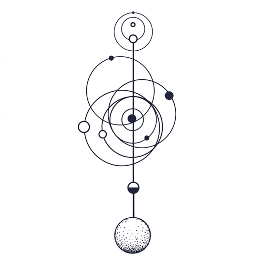 Layered orbital rings, planet-like dots and a vertical axis form a celestial diagram with a stippled sphere below.