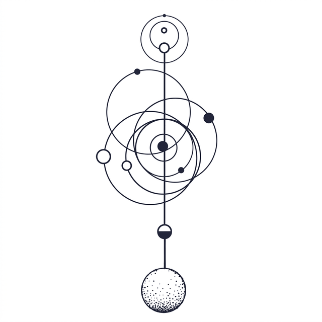 Layered orbital rings, planet-like dots and a vertical axis form a celestial diagram with a stippled sphere below.