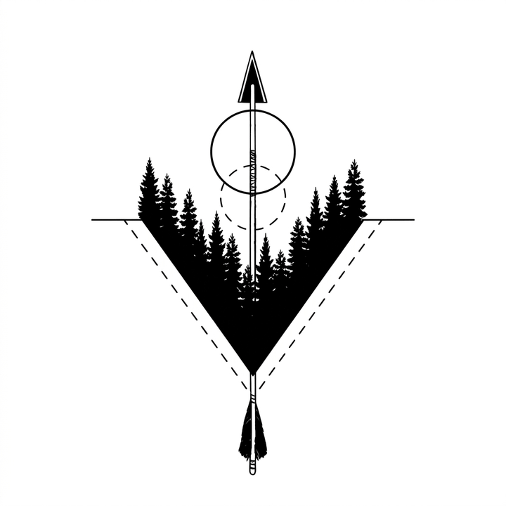 A vertical arrow crosses circular and inverted-triangle geometry, with a forest silhouette filling the triangle.