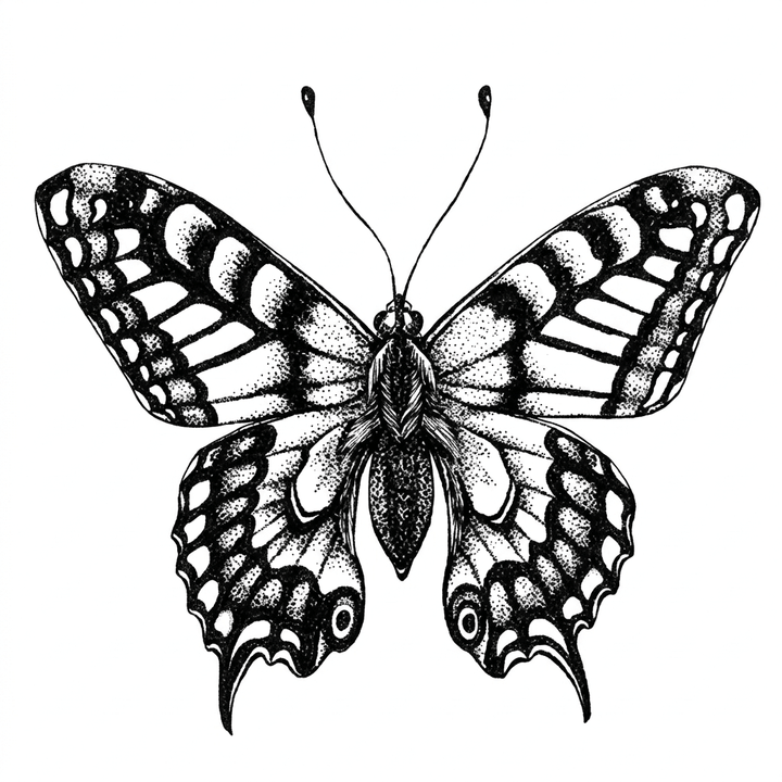 The artwork features a detailed swallowtail butterfly.