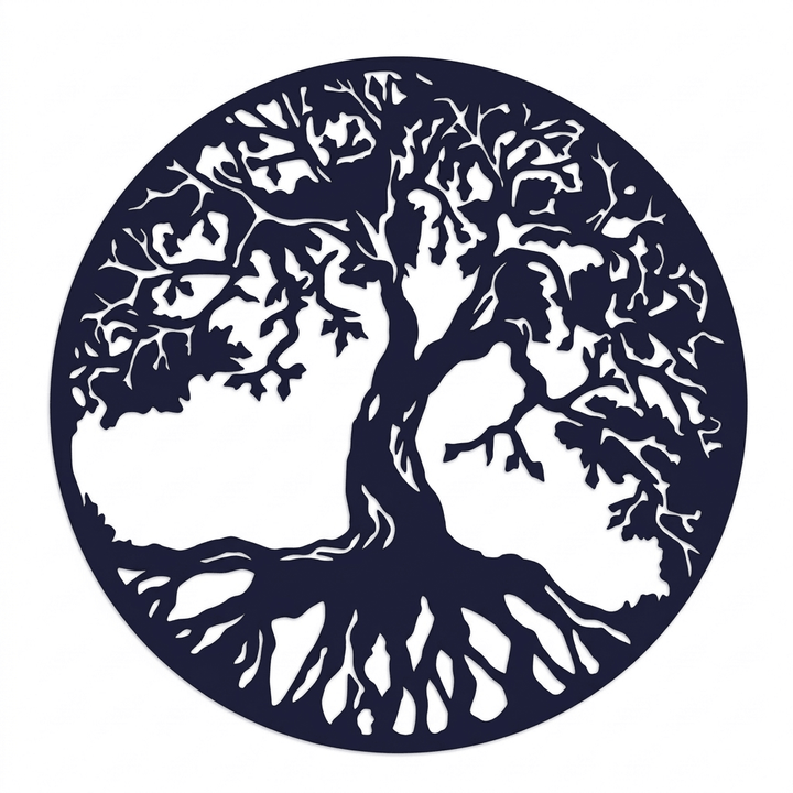 The artwork features a silhouette tree of life circle.