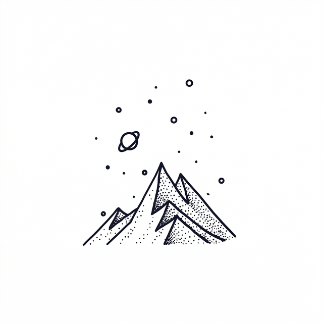 The artwork features geometric space mountains.