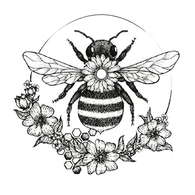 The artwork features a bee floral honeycomb wreath.