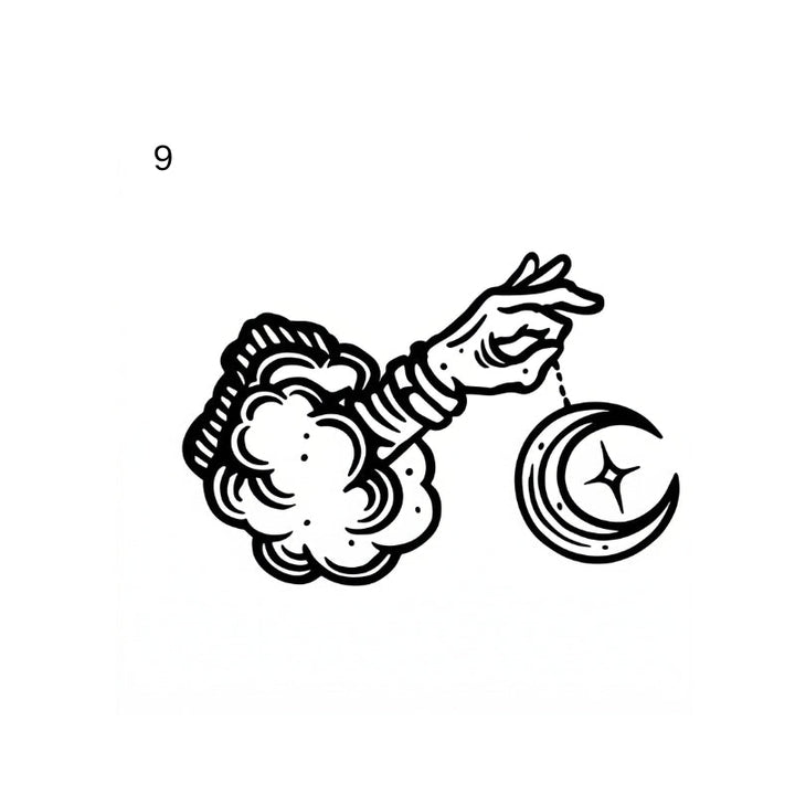 antique engraving temporary tattoo featuring hand and crescent moon