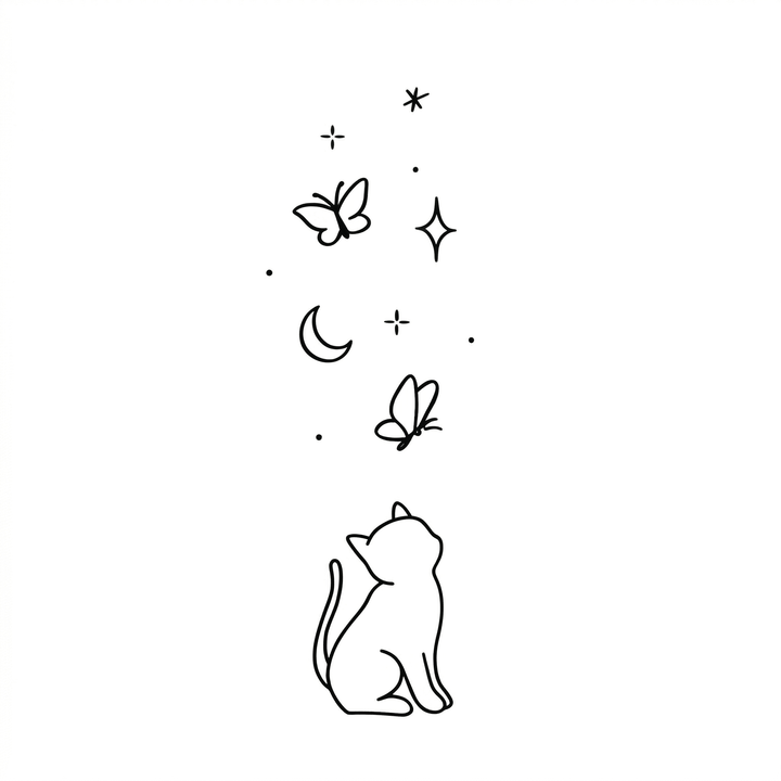 The artwork features cat watching moon and butterflies.