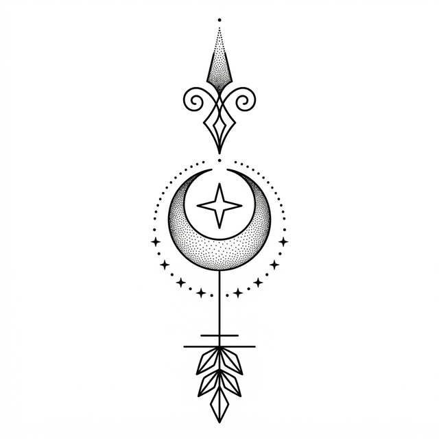 A vertical celestial ornament combines a curled finial, a stippled crescent around a four-point star, surrounding dots and starbursts, and a long geometric tail.