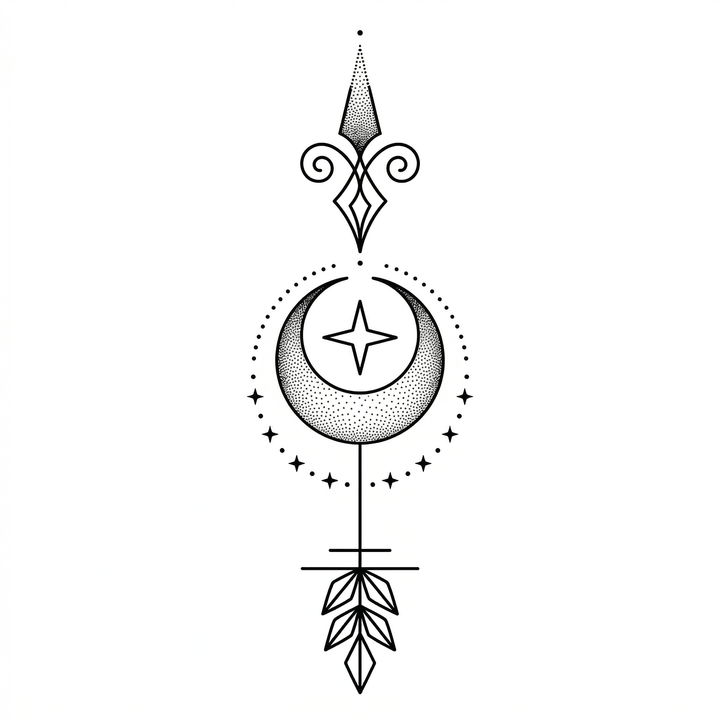 A vertical celestial ornament combines a curled finial, a stippled crescent around a four-point star, surrounding dots and starbursts, and a long geometric tail.