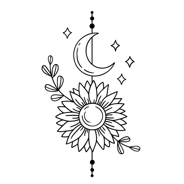 The artwork features a sunflower and crescent moon ornament.