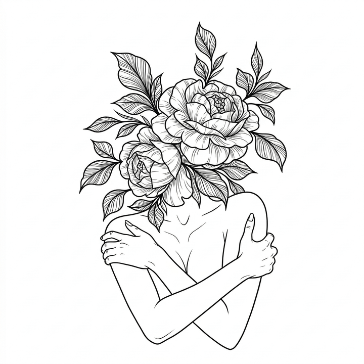 The artwork features a self-embrace floral figure.
