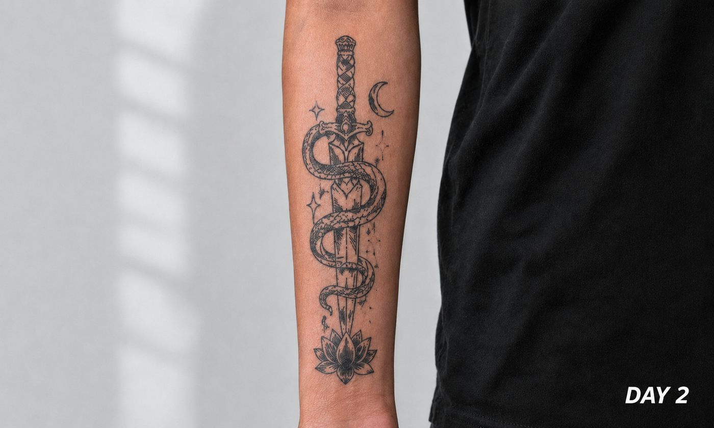 Day 2 developed blue-black temporary tattoo effect on forearm with sword and snake design