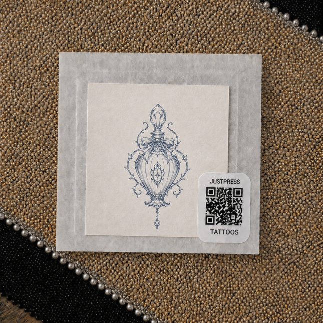 Antique Perfume Charm Wrist Temporary Tattoo - JUST PRESS physical packaging image