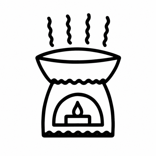 An aroma warmer has a shallow bowl releasing four wisps of steam and a small candle burning inside its arched opening.