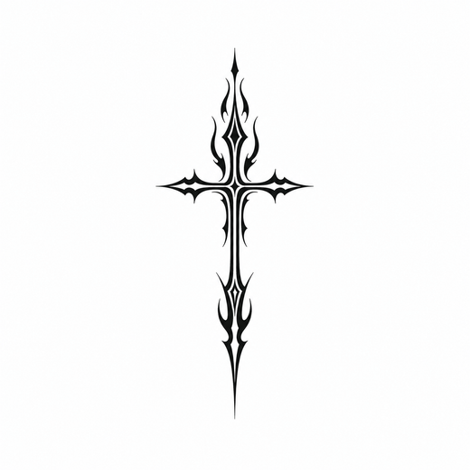 A symmetrical black cross is constructed from sharp, flame-like tribal points.