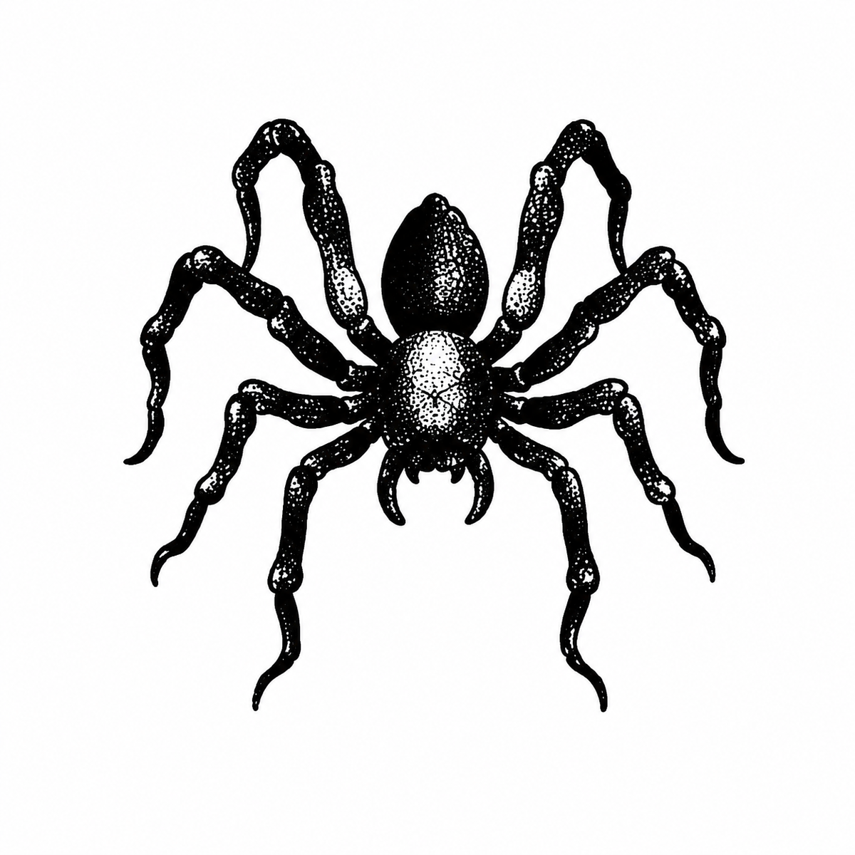 A front-facing engraved spider spreads eight legs, with dense stippled shading across its abdomen and limbs.