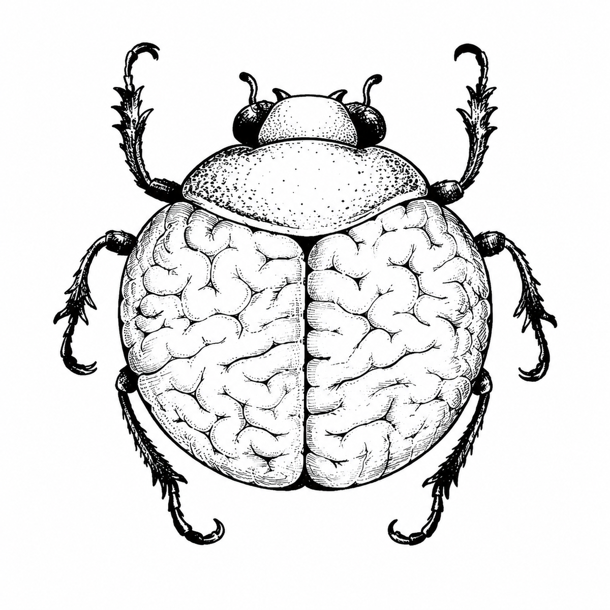 A front-facing beetle has split wing cases filled with brain-like folds, plus a visible head, antennae and six spined legs.