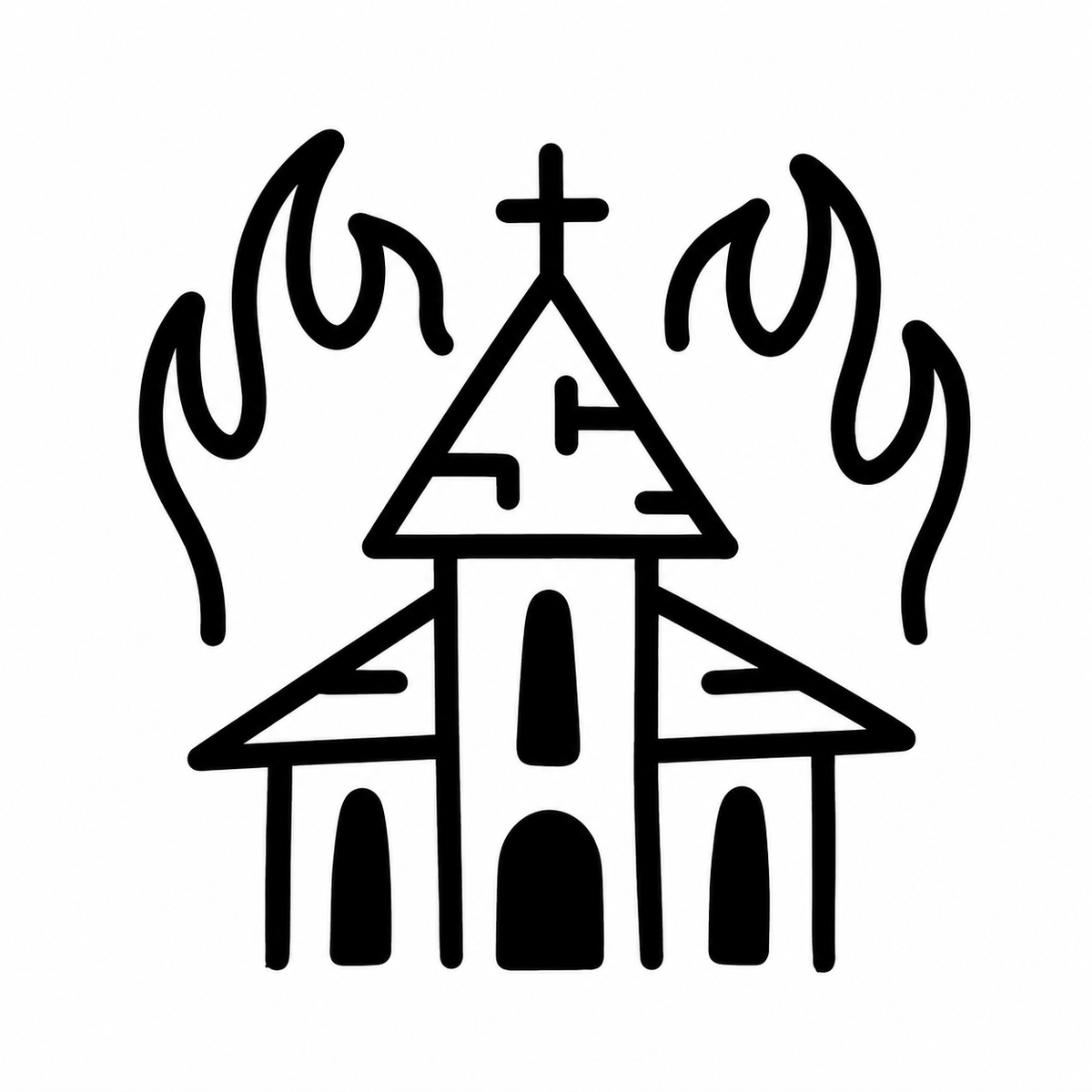 A front-facing church has a central steeple, a cross and three dark doorways, with flames rising around both sides and the roof; the lines inside the steeple are structural rather than a letter.