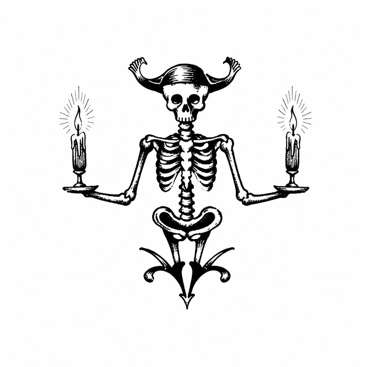A skeleton wearing a two-point jester hat extends both arms and balances a burning candle in each hand, with a pointed foliate ornament below.