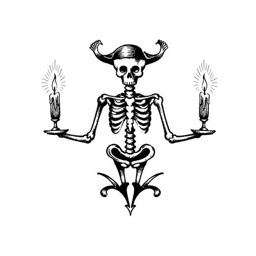 A skeleton wearing a two-point jester hat extends both arms and balances a burning candle in each hand, with a pointed foliate ornament below.