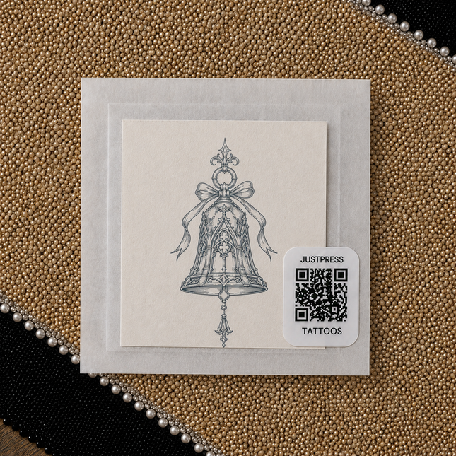 Cathedral Ribbon Bell Wrist Temporary Tattoo - JUST PRESS physical packaging image