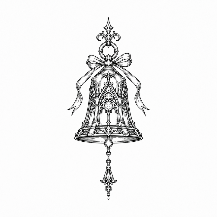 An ornate Gothic bell hangs from a ring and bow, with pointed-arch tracery on the bell and a long pendant below.