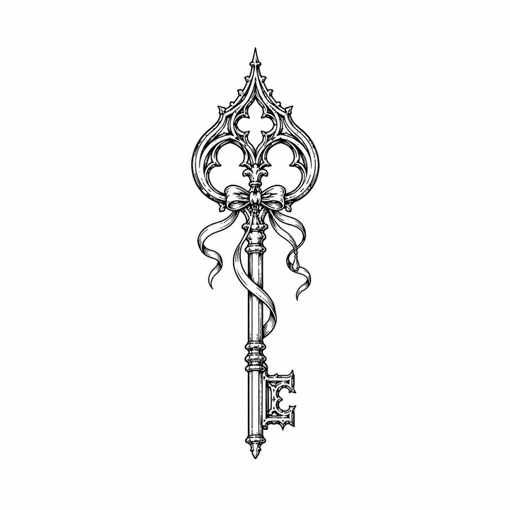 An ornate long key has a Gothic heart-shaped bow, a central ribbon bow with flowing tails and a decorated toothed bit.