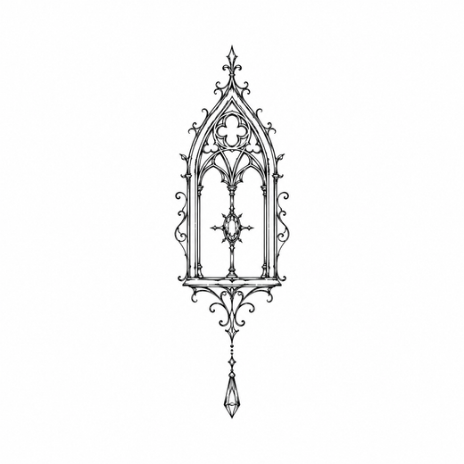 A slender Gothic window frame has a pointed arch and trefoil tracery, with a small cross-star at center and teardrop jewel below.
