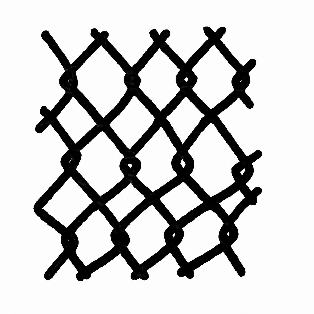 Thick intersecting lines weave into an irregular diamond lattice with rounded knots at the crossings, resembling linked chain mesh.