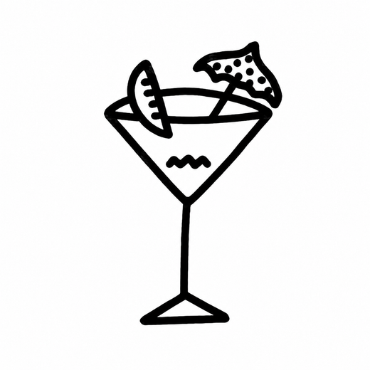 A stemmed cocktail glass contains a wavy liquid line and is garnished with a citrus slice and dotted cocktail umbrella.