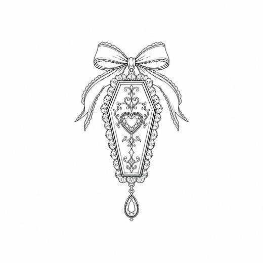 A coffin-shaped charm hangs beneath a large bow, with a heart jewel and symmetrical scrollwork on its face plus a teardrop pendant below.