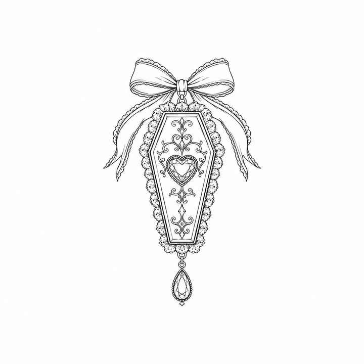 A coffin-shaped charm hangs beneath a large bow, with a heart jewel and symmetrical scrollwork on its face plus a teardrop pendant below.