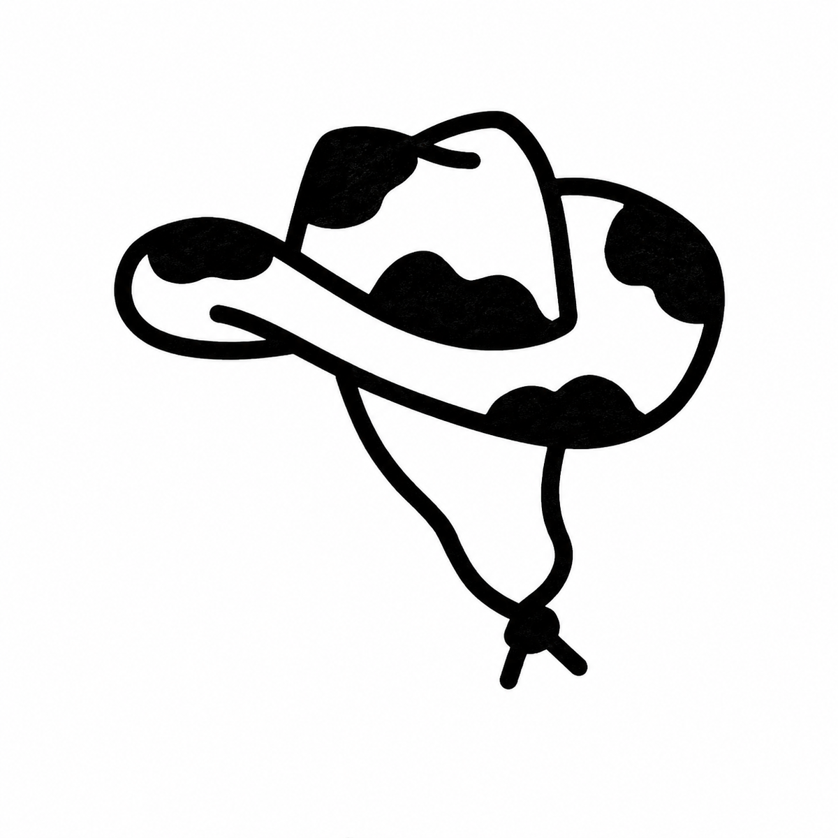 A cowboy hat with a tied chin cord has a wide curled brim and irregular black patches across the crown and brim.